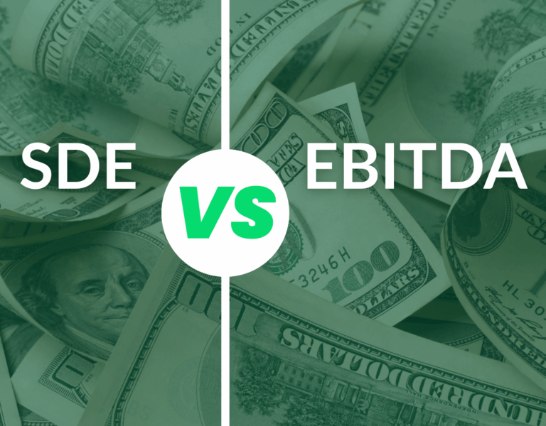 A graphic comparing SDE (Seller's Discretionary Earnings) and EBITDA (Earnings Before Interest, Taxes, Depreciation, and Amortization) for business valuation.
