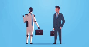 AI valuation robot and human certified business appraiser standing together, comparing valuation methods.