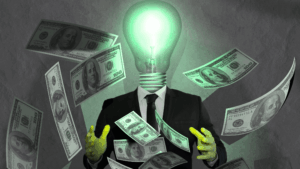 An illustration of a businessman with a lightbulb head surrounded by money, symbolizing the true value found by looking beyond a simple DIY business valuation.